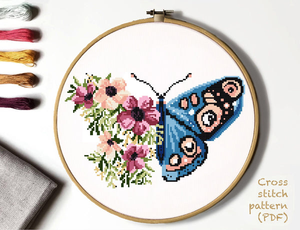 Floral butterfly Modern Cross Stitch Pattern, flower, Instant download PDF