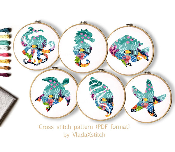 Set of 6 Sea animals Modern Cross Stitch Pattern, nature, Instant download PDF