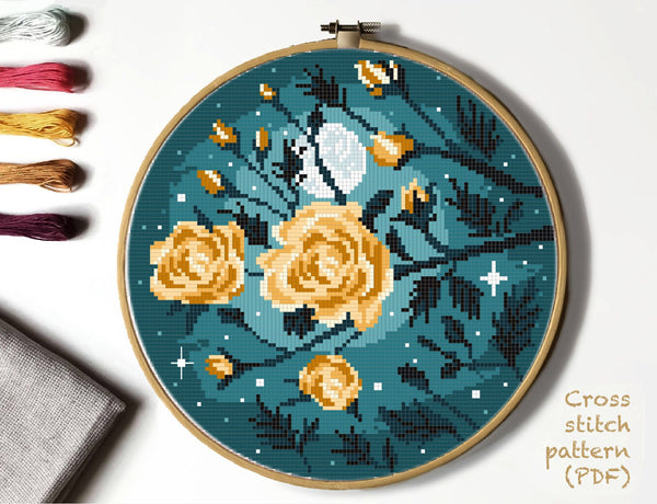 Rose modern Cross Stitch Pattern, flowers,  floral, starry sky, moon,  instant download PDF