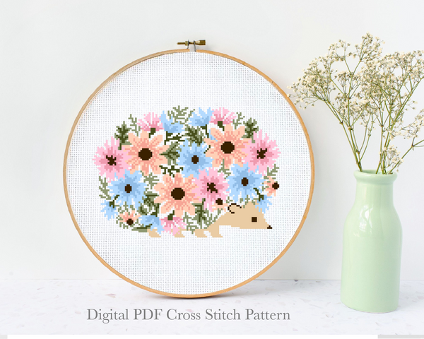 Hedgehog  floral Cross Stitch Pattern, flower,  instant PDF