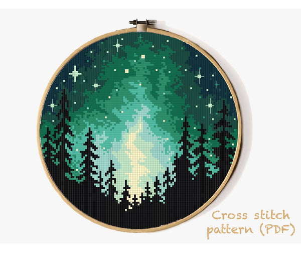 Landscape Modern Cross Stitch Pattern, forest, starry sky, instant PDF