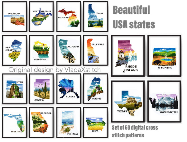 Set of 50 USA states Modern Cross Stitch Pattern, instant download pdf