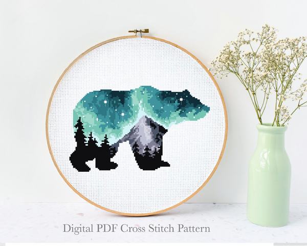 Bear Cross Stitch Pattern, animals ,forest, mountains, instant PDF