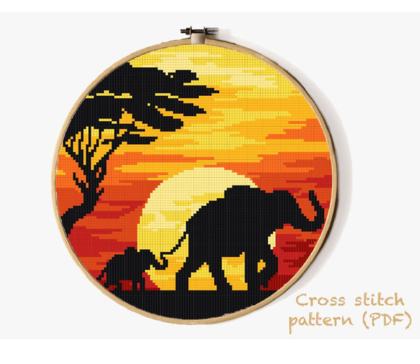 Elephants Modern Cross Stitch Pattern, sunset, landscape, instant PDF