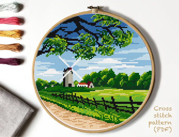 Village landscape modern cross stitch pattern, round hoop design by VladaXstitch, instant download PDF 