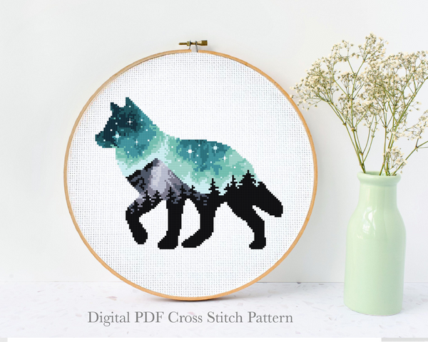 Wolf Cross Stitch Pattern, landscape, animal, mountains, forest, instant PDF