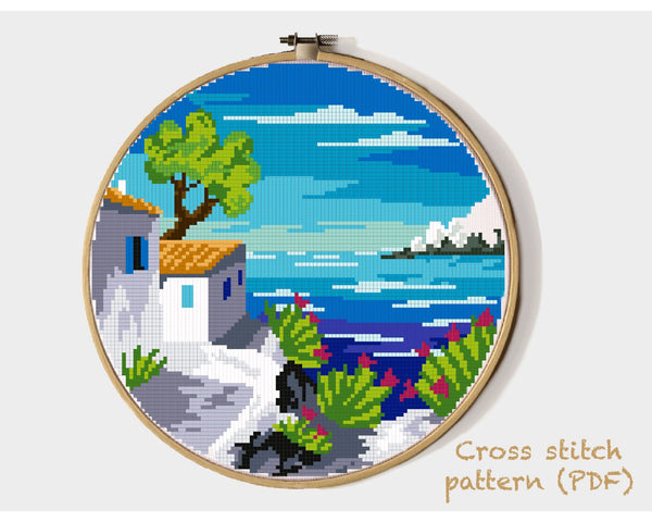 Landscape Modern Cross Stitch Pattern, sea, instant download pdf.