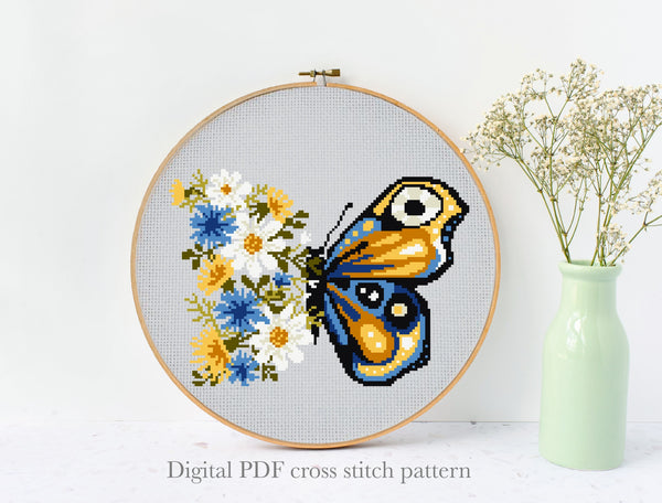 Floral butterfly Modern Cross Stitch Pattern, Instant download PDF