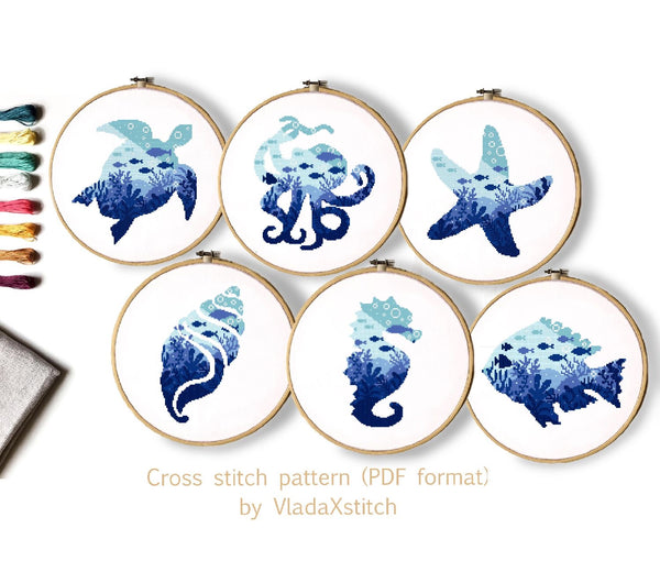 Set of 6 Sea animals Modern Cross Stitch Pattern, nature, Instant download PDF