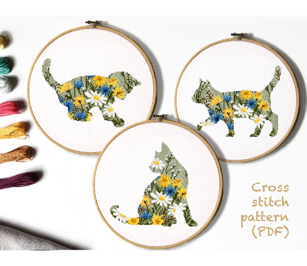 Set of 3 silhouettes cats Modern Cross Stitch Pattern, animals, instant download PDF