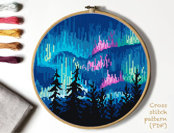 Northern lights Modern Cross Stitch Pattern, Forest, instant download PDF