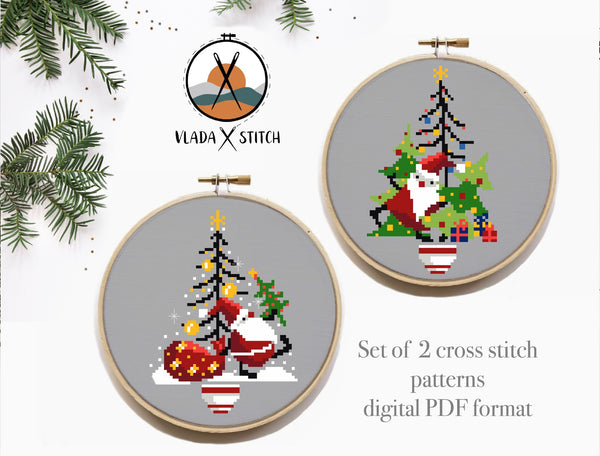 Set of 2 Christmas Santa  Modern Cross Stitch Pattern, instant download pdf