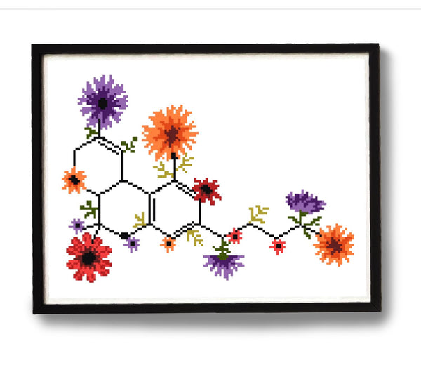 Floral molecule THC  Modern Cross Stitch Pattern, Instant download PDF