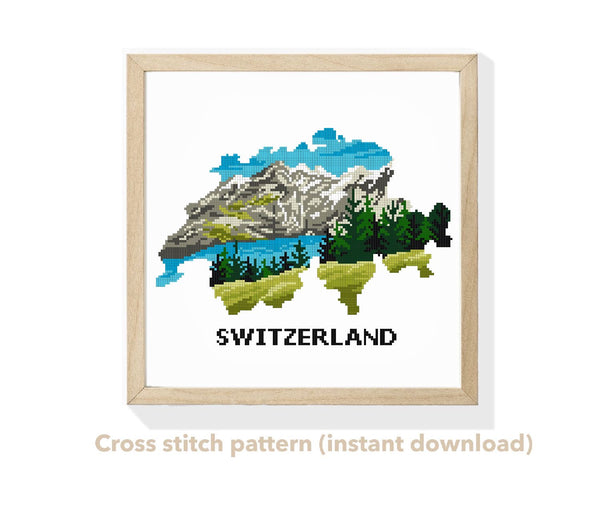 Silhouette Switzerland Modern Cross Stitch Pattern, mountains, instant download PDF