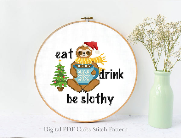 Christmas sloth Modern Cross Stitch Pattern, quotes, holiday, instant pdf