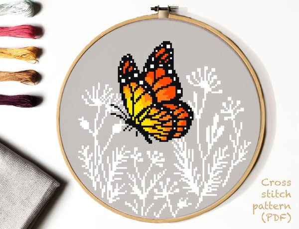 Butterfly Modern Cross Stitch Pattern,flower insect, instant download PD