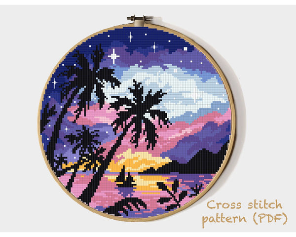 Modern nature cross stitch pattern, landscape, sunset, INSTANT DOWNLOAD PDF