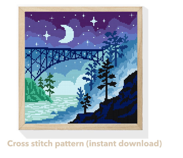 Landscape Modern Cross Stitch Pattern, starry night, instant download PDF