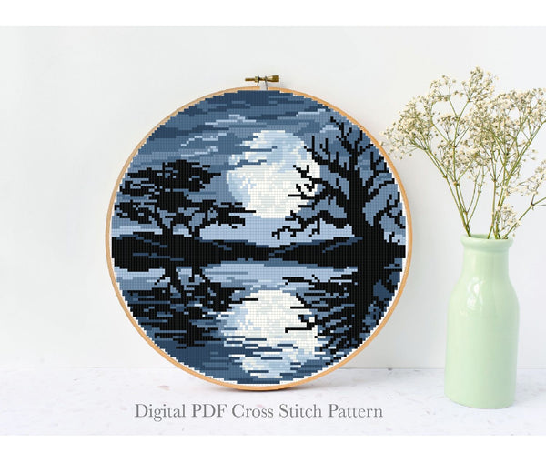 Landscape  Cross Stitch Pattern, moon,  lake, INSTANT DOWNLOAD PDF