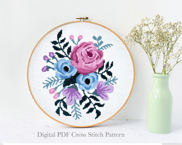 Floral Modern Cross Stitch Pattern, flowers, Instant download PDF