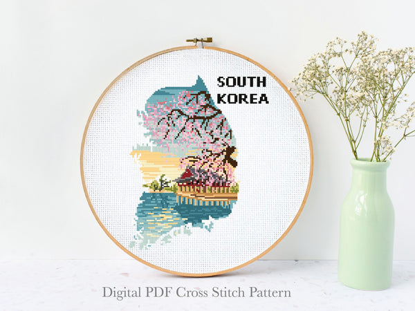 South Korea silhouette Modern Cross Stitch Pattern, country, instant download PDF