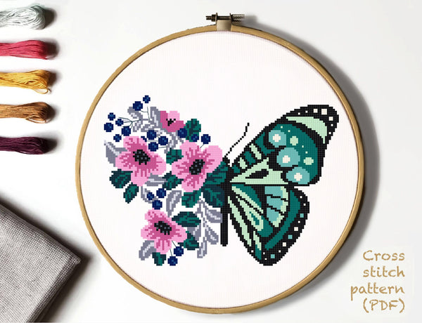 Floral butterfly Modern Cross Stitch Pattern, flower, Instant download PDF