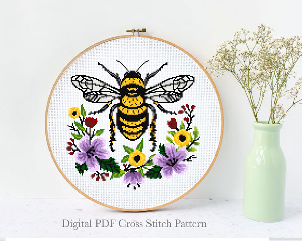 Honey bee Modern Cross Stitch Pattern, flower insect, Instant download PDF