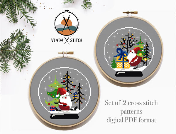 Set of 2 Christmas Santa Modern Cross Stitch Pattern, instant download pdf