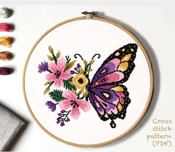 Floral butterfly Modern Cross Stitch Pattern, Instant download PDF