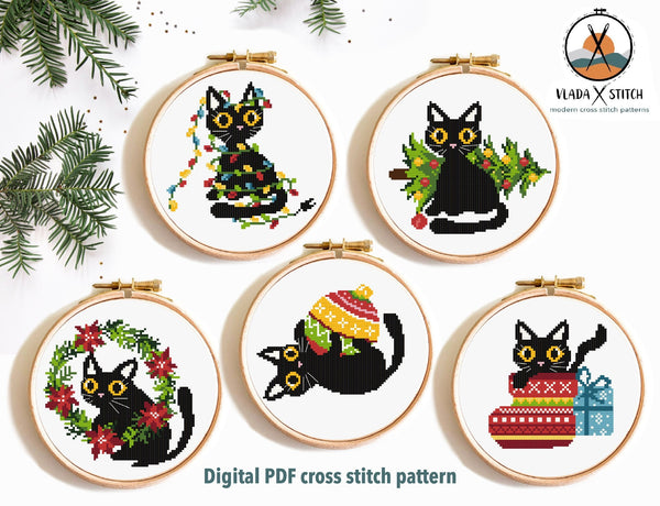 Set of 5 Christmas cats Modern Cross Stitch Pattern, animal, holiday, instant pdf