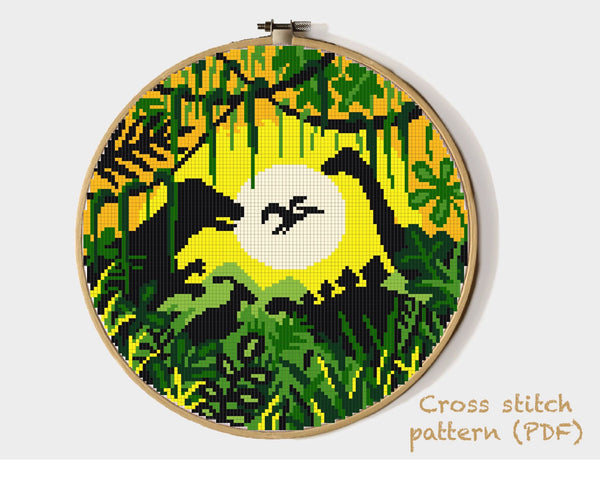 Dinosaurs Cross Stitch Pattern, tropical cross stitch, instant PDF