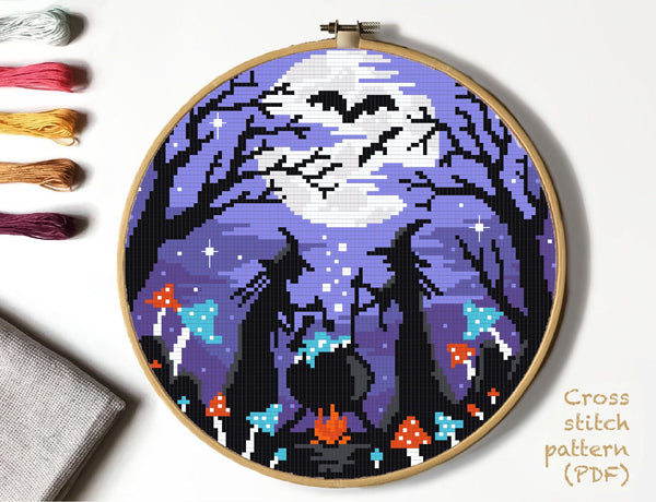 Halloween  Modern Cross Stitch Pattern, witches,  INSTANT DOWNLOAD PDF