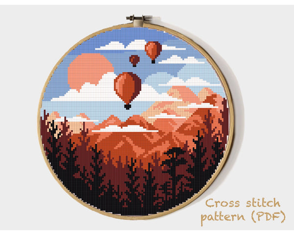 Landscape Modern Cross Stitch Pattern, mountains, Balloons, instant PDF