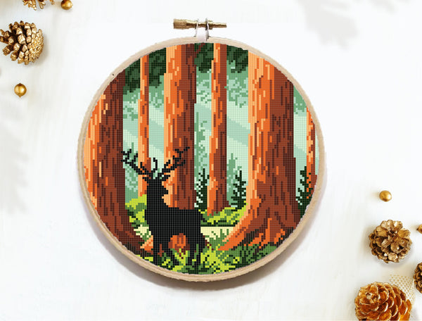 Redwood national park Modern Cross Stitch Pattern, deer,  instant download PDF