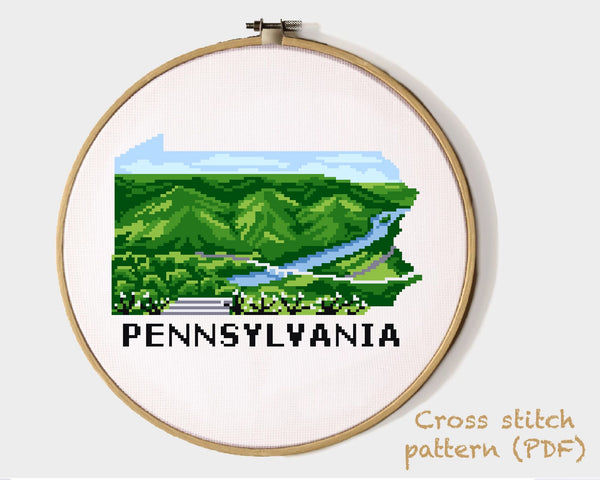 Pennsylvania state Modern Cross Stitch Pattern, Hyner View state park, instant download PDF