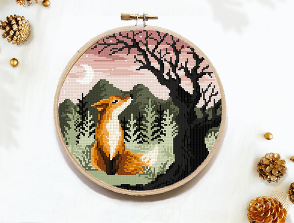 Night sky Modern Cross Stitch Pattern, fox, mountains, instant download PDF