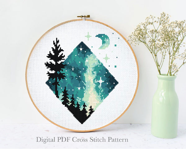 Landscape Modern Cross Stitch Pattern, forest, starry sky, instant PDF