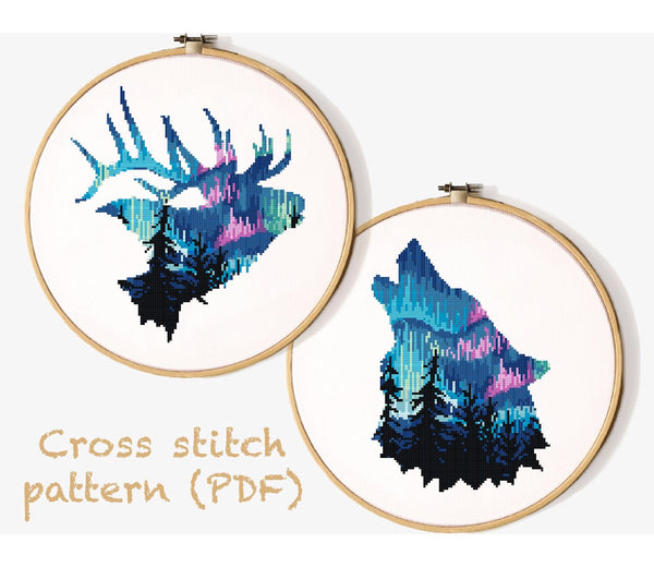 Set of 2 Animal silhouette Cross Stitch Pattern, nature, instant download PDF