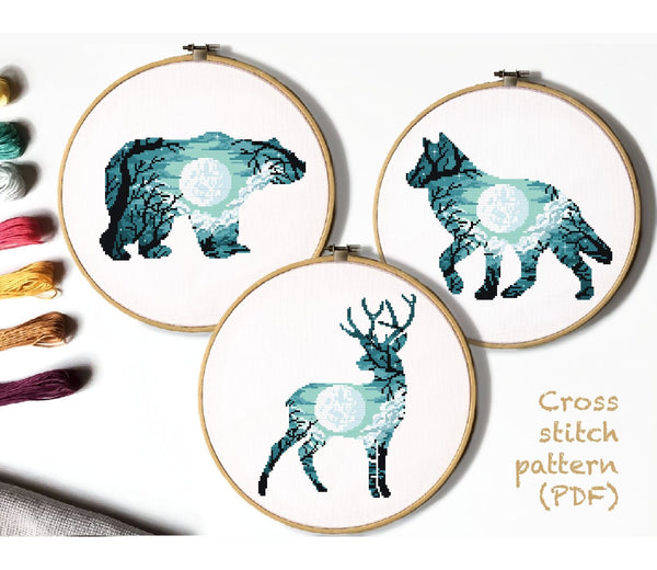 Animals silhouettes modern cross Stitch Pattern, instant download PDF