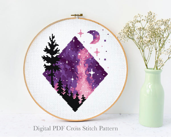 Landscape Modern Cross Stitch Pattern, forest, starry sky, instant PDF