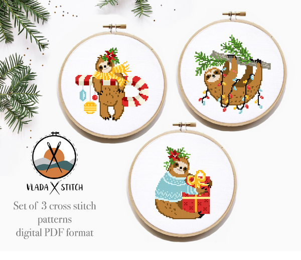 Set of 3 Christmas sloths Modern Cross Stitch Pattern, holiday, instant pdf