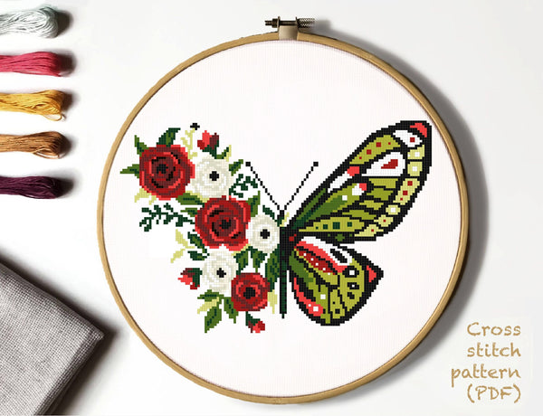 Floral butterfly Modern Cross Stitch Pattern, flower, insects, Instant download PDF