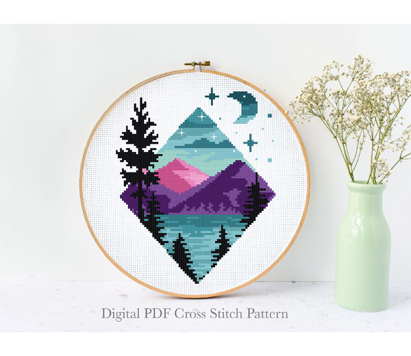 Landscape Modern Cross Stitch Pattern, mountains, starry sky, instant PDF