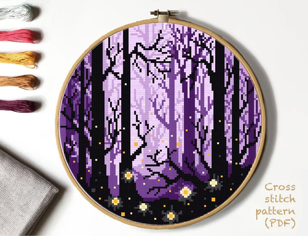 Night forest Modern Cross Stitch Pattern, fireflies, instant download PDF