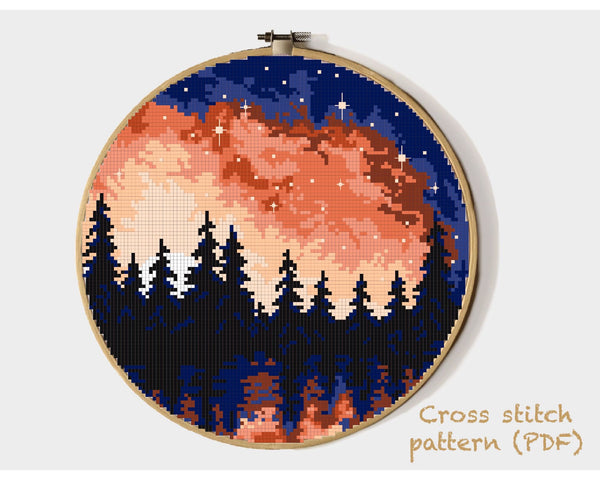 Landscape Modern Cross Stitch Pattern, night sky, forest, instant download PDF