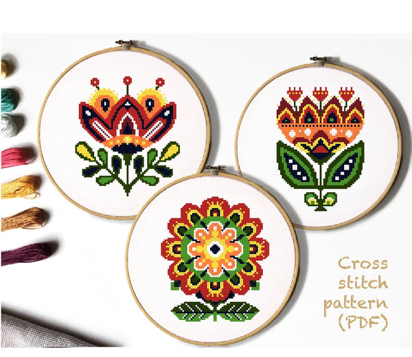 Set of 3 Folk floral Modern Cross Stitch Pattern, Instant download PDF