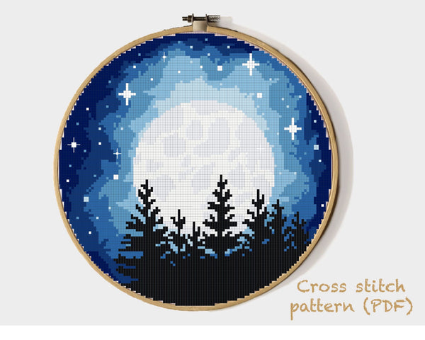 Landscape  Cross Stitch Pattern,  moon, starry sky, INSTANT DOWNLOAD PDF