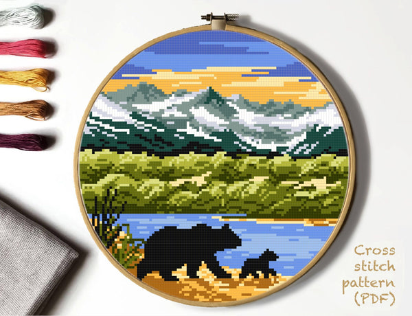 Katmai National Park Modern Cross Stitch Pattern, Landscape, instant PDF