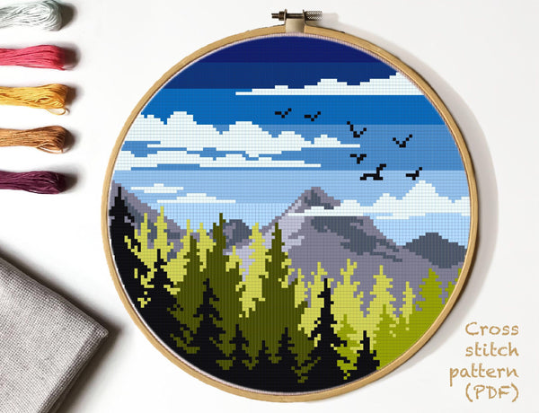 Landscape Modern Cross Stitch Pattern, mountains , instant PDF