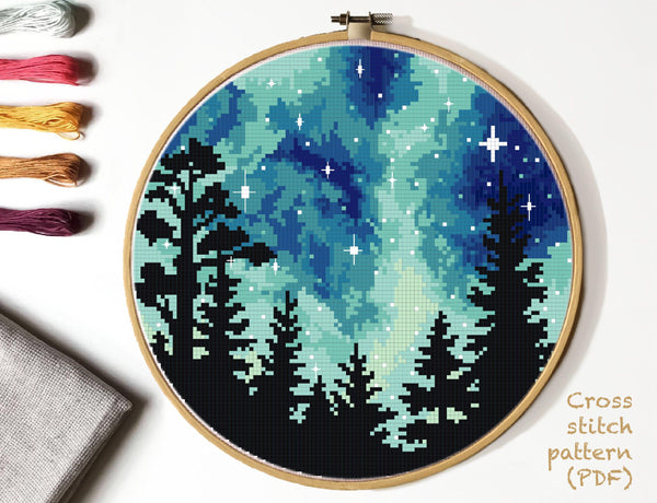 Landscape Modern Cross Stitch Pattern, forest, starry sky, instant PDF